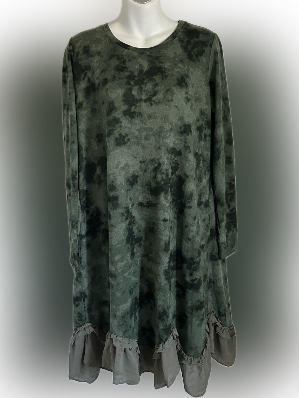 LOGO by Lori Goldstein Olive Green Tie-Dye Ruffle-Hem Tunic
